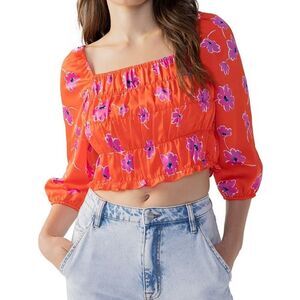 Sanctuary Satin Floral Square Neck 3/4 Puffed Sleeve Top Size S-MSRP $109 NWT